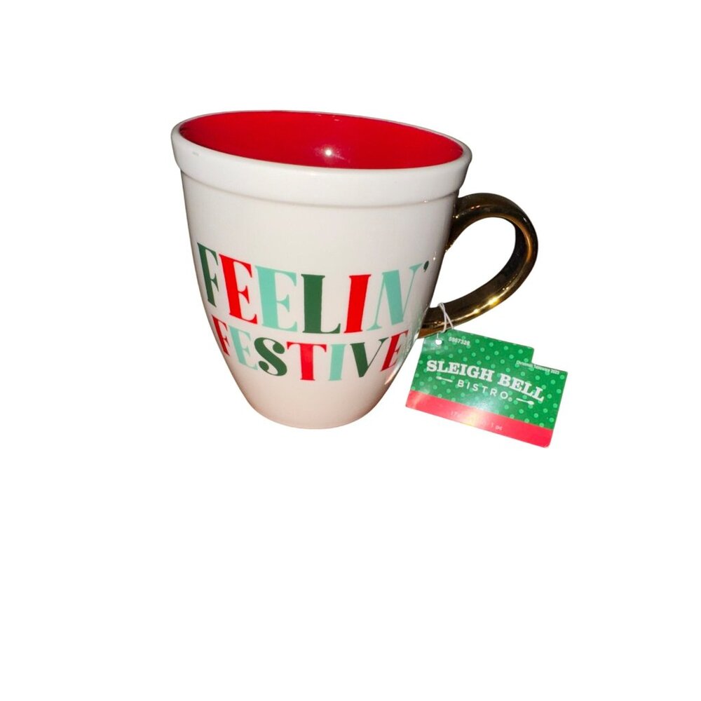 Feelin Festive Sleigh Bell Bistro Coffee Mug With Gold Handle